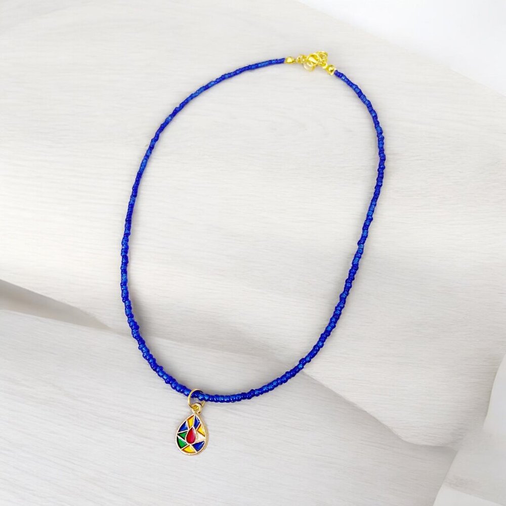 HANDMADE Blue Multicolor Teardrop Pendant Charm Choker Necklace